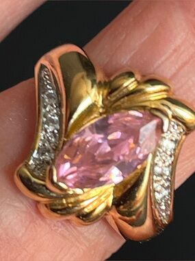 SETA Gold Vermeil Pink Rose Quartz Marquise Cut Ring Cubic Zirconia Pave SZ 7.5
